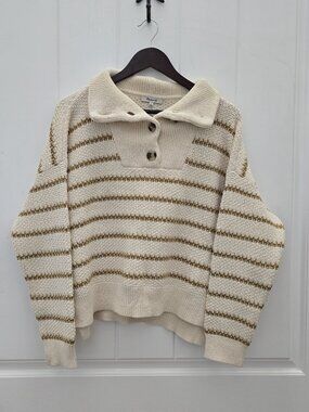 Madewell Cream Gold Stripe Collared Pullover Sweater Button Henley Size L